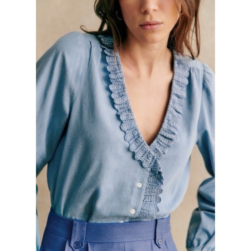 Sezane Rosine Chambray Guipure Crochet Ruffle Blouse Fabric Buttons US 14 XXXL